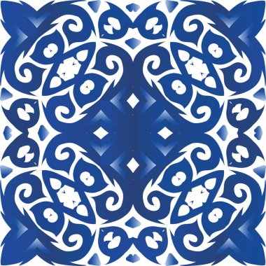 Süslü Azulejo Portekiz fayansları. Vektörsüz desenli elementler. Şık tasarım. Çarşaflar, akıllı telefon kılıfları, hatıra defterleri, çantalar ya da tişörtler için mavi muhteşem çiçek desenleri..