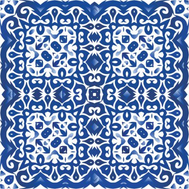 Antika Portekiz azulejo seramiği. Banyo tasarımı. Vektörsüz desen dokusu. Koleksiyon defteri, akıllı telefon kılıfları, tişörtler, çantalar ve çarşaflar için mavi ve soyut bir dekor.
