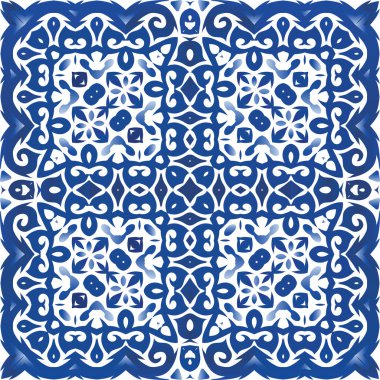 Dekoratif renk seramik azulejo fayansları. Vektörsüz desenli elementler. Evrensel tasarım. Mavi halk baskısı, web arkaplanı, yüzey dokusu, havlular, yastıklar, duvar kağıdı.