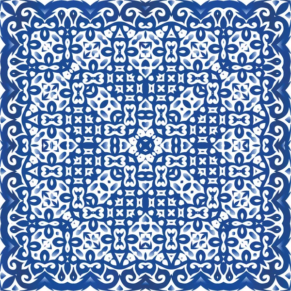 Traditionelles Portugiesisches Azulejo Küchendesign Vektornahtloser Muster Flyer Blauer Abstrakter Hintergrund — Stockvektor