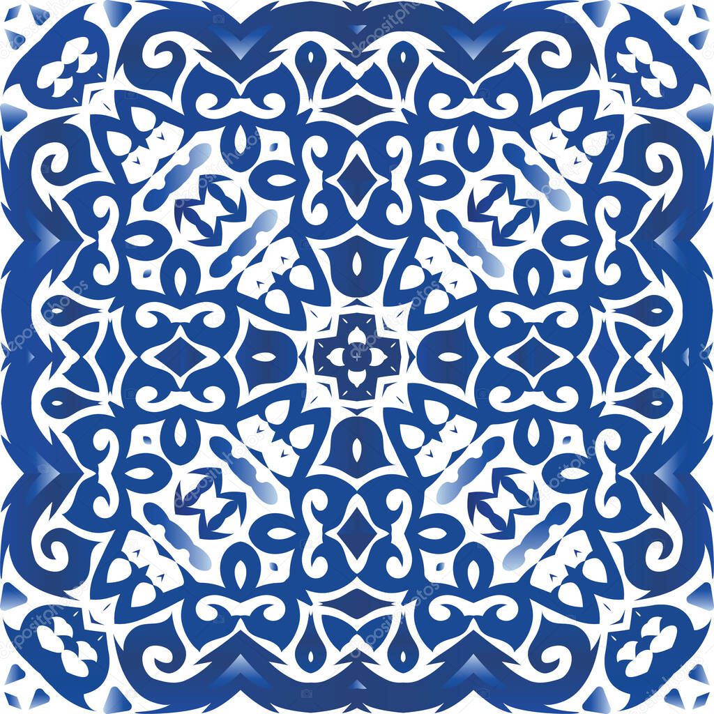 Portuguese ornamental azulejo ceramic. Vector seamless pattern theme. Original design. Blue vintage backdrop for wallpaper, web background, towels, print, surface texture, pillows.