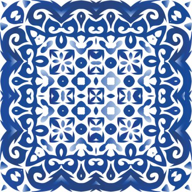 Portekizce süslemeli azulejo seramik. Vektör pürüzsüz desen teması. Moda tasarımı. Duvar kağıdı, web arkaplanı, havlular, baskı, yüzey dokusu, yastıklar için mavi vintage arkaplan.