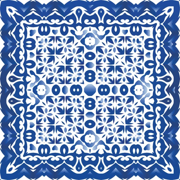 Starožitná Portugalská Azulejo Keramika Barevný Design Šablona Vektorového Vzorce Modrá — Stockový vektor