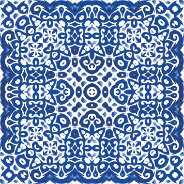 Dekoratif renk seramik azulejo fayansları. Vektörsüz desen dokusu. Orijinal tasarım Mavi halk baskısı, web arkaplanı, yüzey dokusu, havlular, yastıklar, duvar kağıdı.