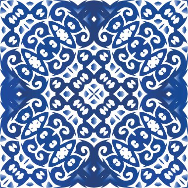 Süslü Azulejo Portekiz fayansları. Vektör pürüzsüz desen teması. Orijinal tasarım Çarşaflar, akıllı telefon kılıfları, hatıra defterleri, çantalar ya da tişörtler için mavi muhteşem çiçek desenleri..