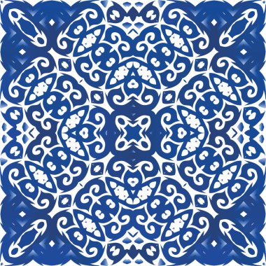 Portekiz azulejo 'sunda etnik seramik fayans. Kusursuz bir arabesk deseni. Şık tasarım. Yüzey dokusu, havlu, yastık, duvar kağıdı, baskı, web arkaplanı için mavi vintage süs.