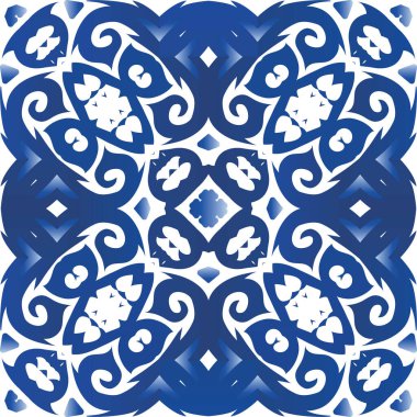 Seramik fayanslar azulejo portugal. Vektörsüz model kavramı. Moda tasarımı. Tişört, hatıra defteri, çarşaf, akıllı telefon çantası veya çantalar için mavi etnik geçmiş.