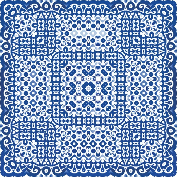 Portugalské Azulejo Dlaždice Barevný Design Šablona Vektorového Vzorce Modré Starožitné — Stockový vektor