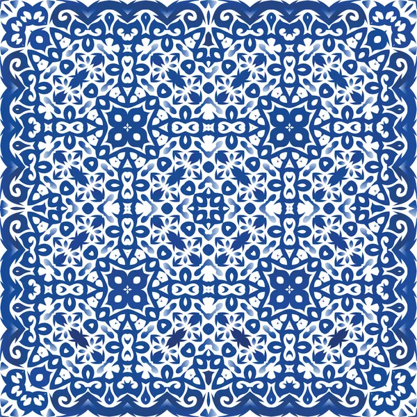 Keramische Fliesen Azulejo Portugal Vektornahtloser Musterrahmen Grafikdesign Blauer Ethnischer Hintergrund — Stockvektor