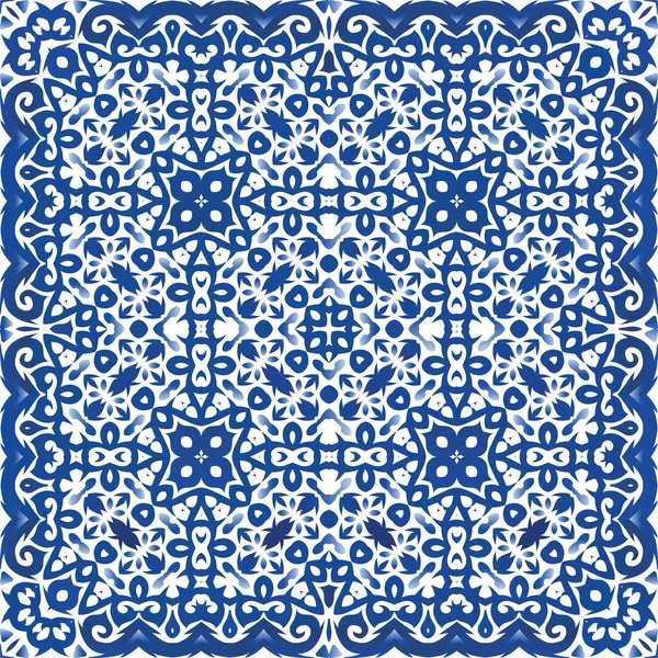 Seramik fayanslar azulejo portugal. Vektörsüz şablon çerçevesi. Grafik tasarımı. Tişört, hatıra defteri, çarşaf, akıllı telefon çantası veya çantalar için mavi etnik geçmiş.