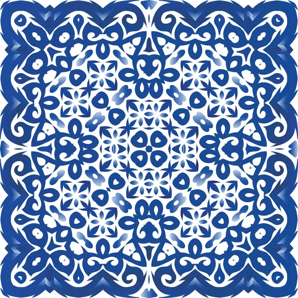Geleneksel Portekiz Azulejosu Vektörsüz Suluboya Desenli Geometrik Tasarım Arkaplanı Baskı — Stok Vektör