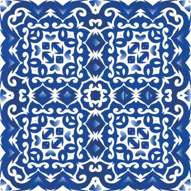Portekizce süslemeli azulejo seramik. Moda tasarımı. Vektörsüz şablon çerçevesi. Duvar kağıdı, web arkaplanı, havlular, baskı, yüzey dokusu, yastıklar için mavi vintage arkaplan.
