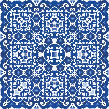 Dekoratif renk seramik azulejo fayansları. Grafik tasarımı. Vektör kusursuz desen çizimi. Mavi halk baskısı, web arkaplanı, yüzey dokusu, havlular, yastıklar, duvar kağıdı.