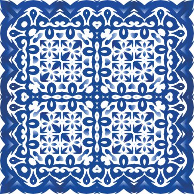 Antika Portekiz azulejo seramiği. Vektörsüz desenli el ilanı. Modern tasarım. Koleksiyon defteri, akıllı telefon kılıfları, tişörtler, çantalar ve çarşaflar için mavi ve soyut bir dekor.