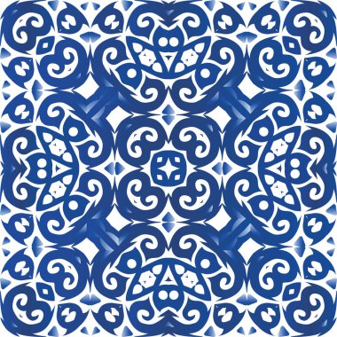 Süslü Azulejo Portekiz fayansları. Vektörsüz desenli elementler. Yaratıcı tasarım. Çarşaflar, akıllı telefon kılıfları, hatıra defterleri, çantalar ya da tişörtler için mavi muhteşem çiçek desenleri..