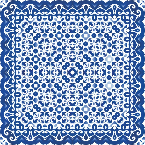 セラミックタイル Azulejoポータルサイト ミニマルデザイン ベクトルシームレスパターンテンプレート Tシャツ スクラップブッキング リネン スマートフォンケースやバッグのための青民族の背景 — ストックベクタ