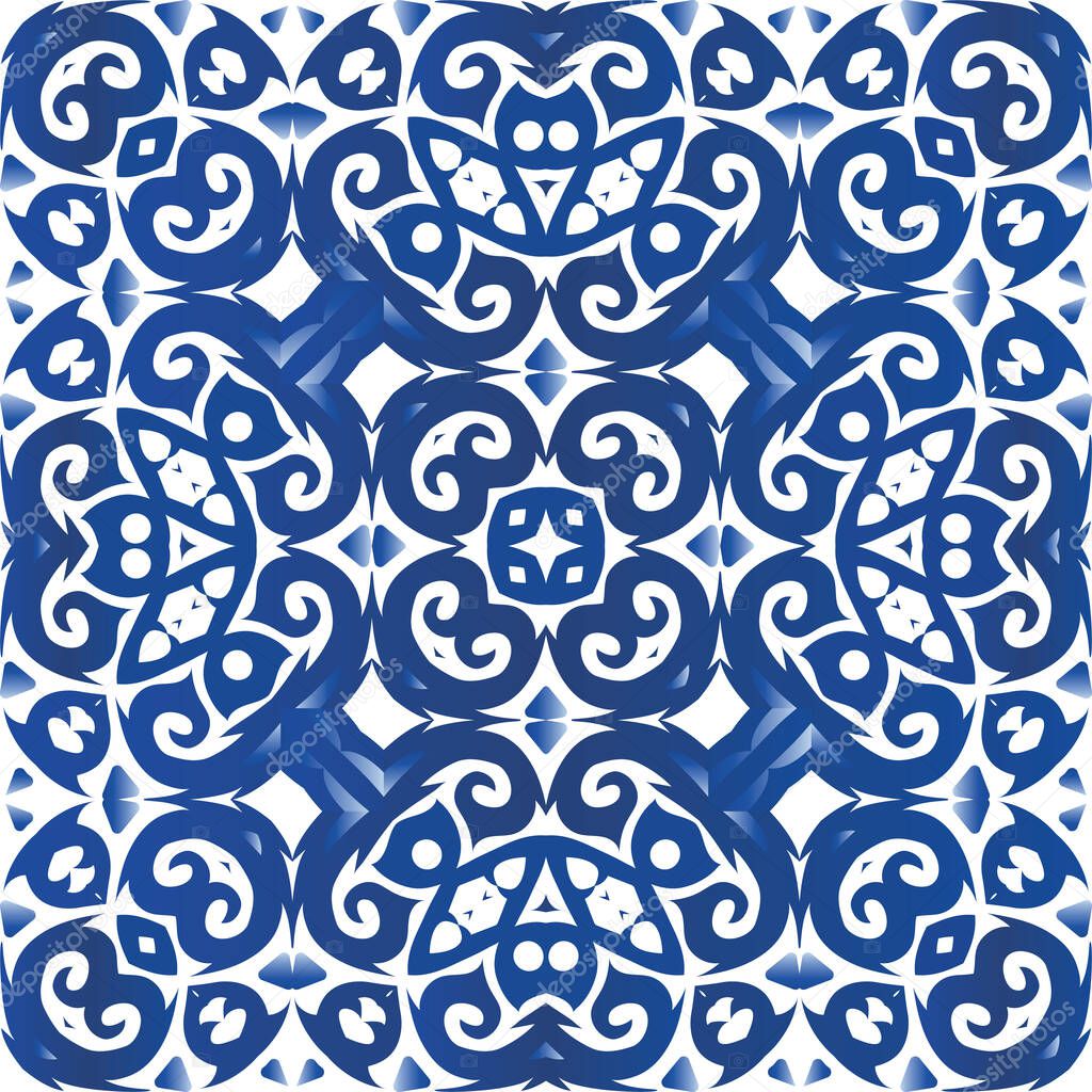 Ornamental azulejo portugal tiles decor. Vector seamless pattern elements. Creative design. Blue gorgeous flower folk print for linens, smartphone cases, scrapbooking, bags or T-shirts.