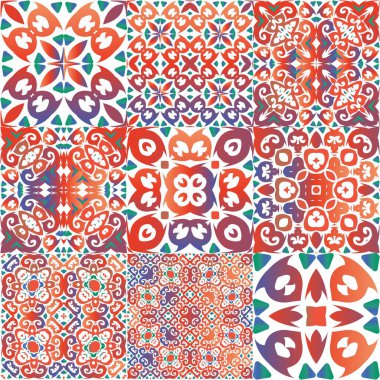 Meksika yapımı talavera fayansları. Vektörsüz desenlerin toplanması. El yapımı tasarım. Yastıklar, baskılar, duvar kağıtları, ağ arkaplanı, havlular, yüzey dokusu için kırmızı antika arkaplanlar.