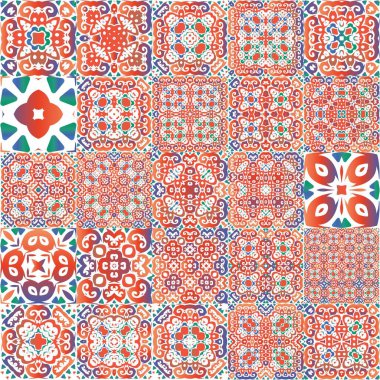 Antik süslü fayanslar Talavera Mexico. Bir dizi vektörsüz şablon. Orijinal tasarım Tişört, hatıra defteri, çarşaf, akıllı telefon çantaları veya çantalar için kırmızı etnik altyapı.