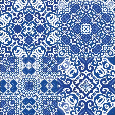 Antika azulejo döşeme yaması. Bir dizi vektörsüz şablon. Yaratıcı tasarım. Çantalar, akıllı telefon kılıfları, tişörtler, çarşaflar veya koleksiyon defterleri için mavi İspanya ve Portekiz dekoru.