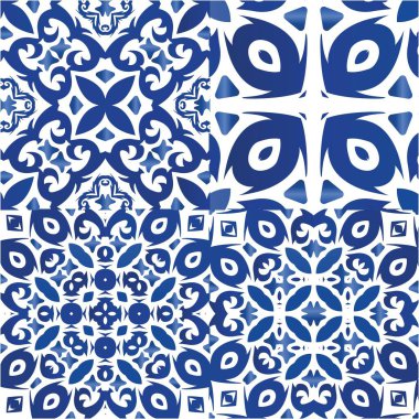 Geleneksel Portekizli azulejolar. Şık tasarım. Vektörsüz desenlerin toplanması. Ağ arkaplanı, baskı, yastıklar, yüzey dokusu, duvar kağıdı, havlular için mavi soyut arkaplan.