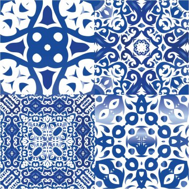 Portekiz yapımı Azulejo fayansları. Vektör aralıksız desenler. Grafik tasarımı. Yastıklar, baskılar, duvar kağıtları, ağ arkaplanı, havlular, yüzey dokusu için mavi antika arkaplan.