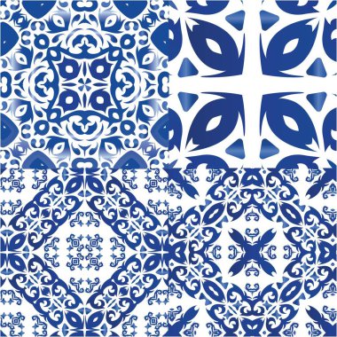 Portekizce süslemeli azulejo seramik. Banyo tasarımı. Vektörsüz desenlerin toplanması. Duvar kağıdı, web arkaplanı, havlular, baskı, yüzey dokusu, yastıklar için mavi vintage arkaplan.