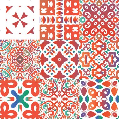 Antik Meksika Talavera seramiği. Moda tasarımı. Vektör aralıksız desenler. Albüm defteri, akıllı telefon kılıfları, tişörtler, çantalar ve çarşaflar için kırmızı ve soyut dekoru.