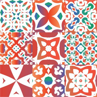 Meksika süslemeli talavera seramiği. Bir dizi vektörsüz şablon. Mutfak tasarımı. Duvar kağıdı, web arkaplanı, havlular, baskı, yüzey dokusu, yastıklar için kırmızı vintage arkaplan.