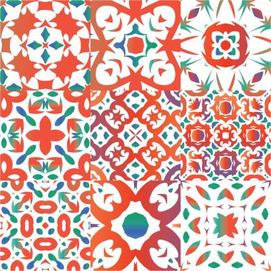 Antika talavera döşeme yama fabrikası. Grafik tasarımı. Vektör aralıksız desenler. Çantalar, akıllı telefon kılıfları, tişörtler, çarşaflar ve koleksiyon defterleri için kırmızı Meksika süslemeleri..