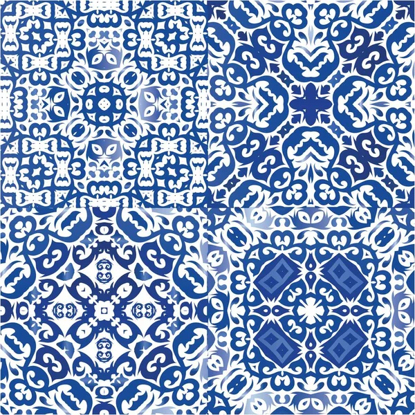 Traditional Ornate Portuguese Azulejos Collection Vector Seamless Patterns Hand Drawn — Stock Vector