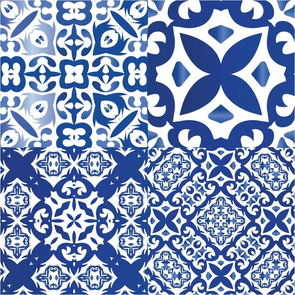 Antique Portuguese Azulejo Ceramic Set Vector Seamless Patterns Geometric Design — Stock Vector