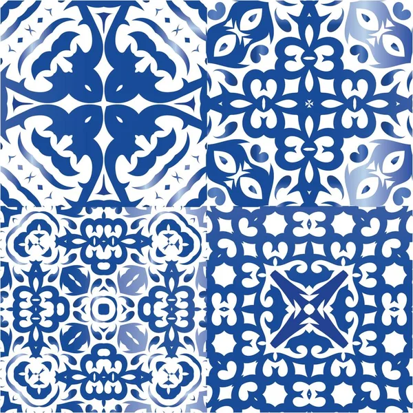 Португальские Винтажные Плитки Azulejo Современный Дизайн Коллекция Векторных Бесшовных Шаблонов — стоковый вектор