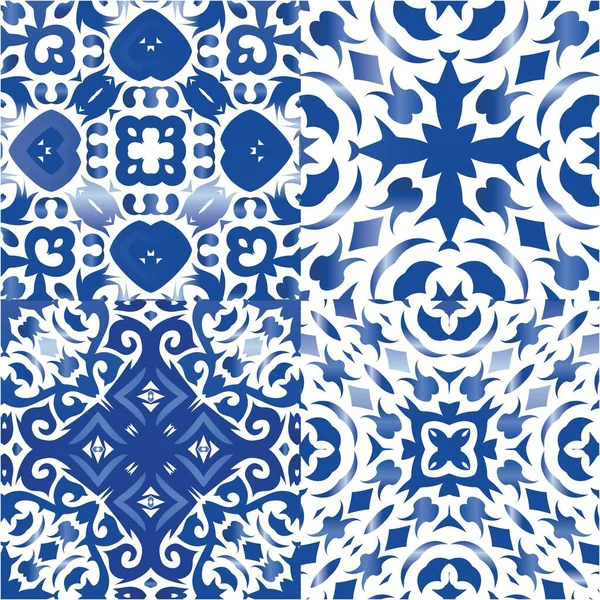 Traditionell Verzierte Portugiesische Azulejos Handgezeichneter Entwurf Sammlung Vektornahtloser Muster Blaue — Stockvektor