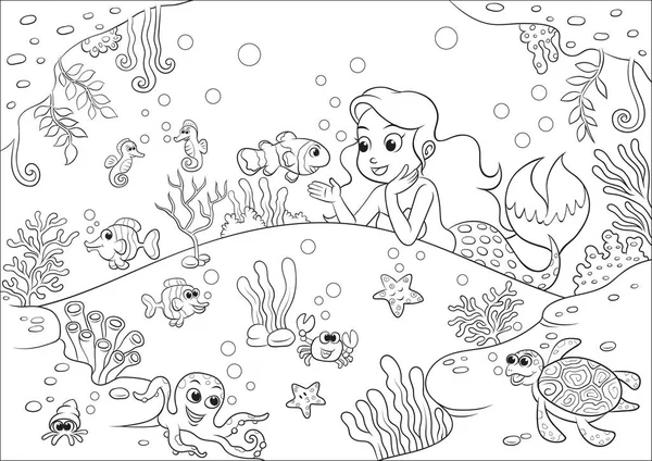 Cute cartoon mermaid underwater world for Coloring Book — Stock Vector