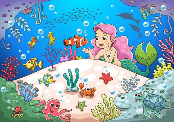 Cute cartoon mermaid underwater world — Stock Vector