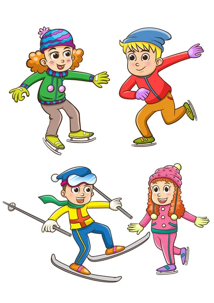 Conjunto de crianças brincando no inverno. Meninos e meninas esqui e — Vetor de Stock