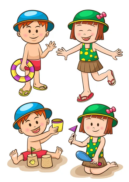 Crianças férias no mar. Meninas e meninos brincando na praia . — Vetor de Stock
