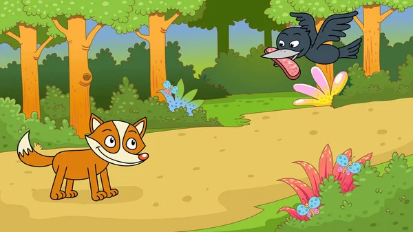Εικονογράφηση διάνυσμα σε κωμικό ύφος για το μύθο του Αισώπου "η αλεπού και το κοράκι" — Διανυσματικό Αρχείο