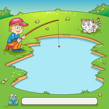 Çocuk ve onun köpek Balık tutma çerçeve tasarımı