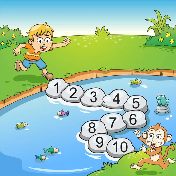 Counting number one to ten with boy and monkey. — Stock Vector