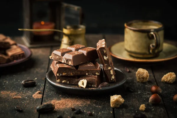 Chocolate Hazelnuts Cocoa Beans Dark Background — Stock Photo, Image