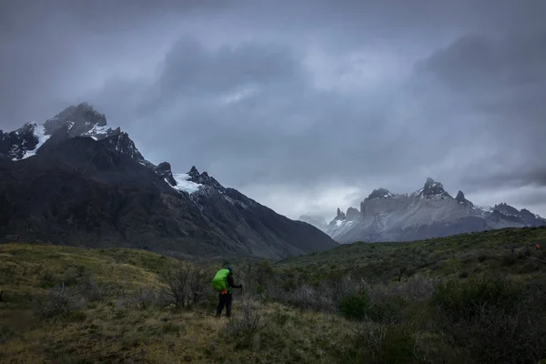Una persona que observa un inmenso paisaje de grandes montañas y picos nevados, rodeada de pequeños arbustos, algunos verdes y otros secos. Torres del Payne, Patagonia Chile — Foto de Stock