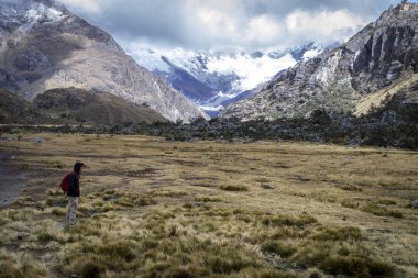 Laguna 69 'a giden yol. Dağların güzel manzarasına bakan bir insan. Etrafında küçük çalılar ve arkasında karlı tepeleri ve bulutları olan büyük dağlar var. Peru, beyaz dağ 
