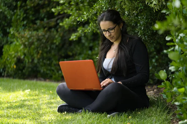 A brunette young woman is sitting on the grass studying with her laptop in the park. Educational concept — Stock Photo, Image