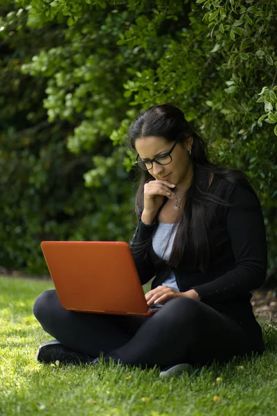 Brunette woman wearing glasses is sitting on the grass with her laptop. Educational concept — Stock Photo, Image