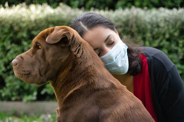 Young Woman Hugging Shar Pei Dog Wearing Face Mask Garden — Stock Photo, Image
