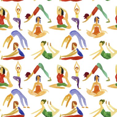 Seamless background with people practicing joga poses. Watercolor illustration. clipart