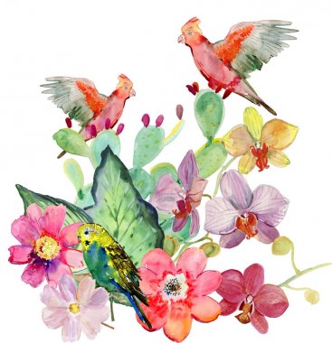 Romantik papağan, tropikal yaprak ve egzotik çiçek