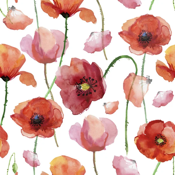 Seamless Pattern Poppy Flowers Watercolor Illustration — Stock Photo, Image